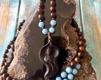 Collar Mala de Aguamarina Quan Yin, Cuentas de Oración Anudadas a Mano, Infundido con Reiki