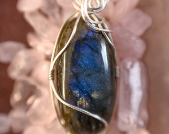Wire Wrapped Labradorite Pendant: Sterling Silver Healing Crystal Necklace