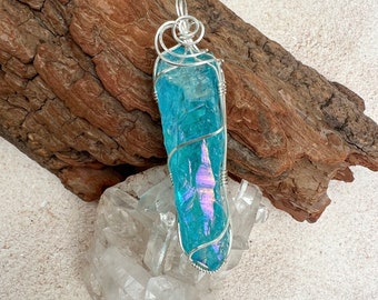 Aqua Aura Pendant, Reiki Infused Aqua Aura Necklace, Wire Wrapped Sterling Silver Aqua Aura Pendant