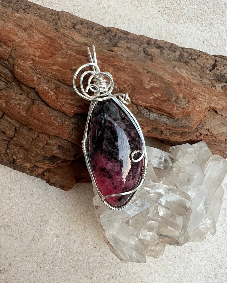 Rhodonite Wire Wrapped Pendant Sterling Silver, Reiki Charged, Healing Crystal Pendant, Rhodonite Pendant, Heart Healing, Love image 5