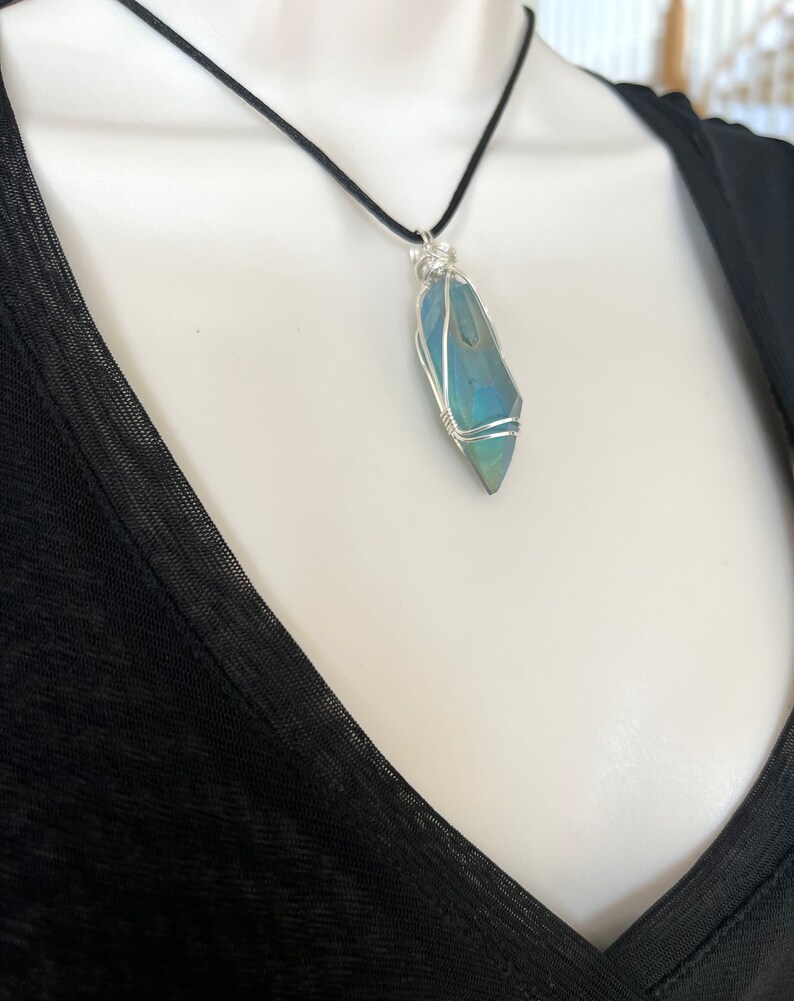 Aqua Aura Pendant, Reiki Infused Aqua Aura Necklace, Wire Wrapped Sterling Silver Aqua Aura Pendant image 6