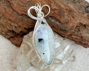 Rainbow Moonstone Black Tourmaline Pendant, Wire Wrapped Moonstone Tourmaline Necklace, Balance, Intuition, Grounding, Reiki Infused