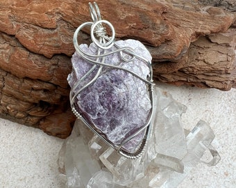 Lilac Lepidolite Crystal Pendant, Reiki Infused, Sterling Silver Wire Wrapped Lilac Lepidolite Crystal, Calming Lepidolite Necklace