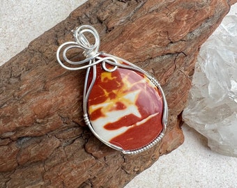 Mookaite Pendant, Wire Wrapped Mookaite Necklace Sterling Silver, Earth Stone, Reiki Charged