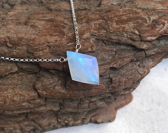 Rainbow Moonstone Necklace: Faceted Sterling Silver Chain, Lunar Goddess