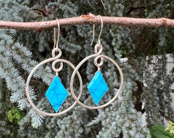 Turquoise Howlite Crystal Hoop Earrings, Sterling Silver Crystal Hoop Earrings, Boho Earrings, Reiki Charged