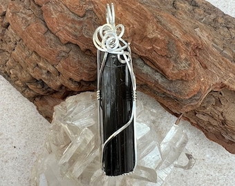 Black Tourmaline Wire Wrapped Pendant, Raw Tourmaline Crystal Necklace Sterling Silver, Healing Crystal, Grounding, Protection