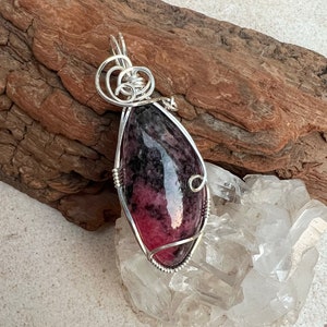 Rhodonite Wire Wrapped Pendant Sterling Silver, Reiki Charged, Healing Crystal Pendant, Rhodonite Pendant, Heart Healing, Love image 1