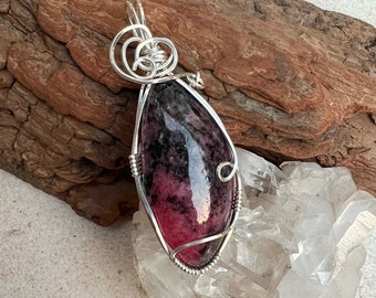 Rhodonite Wire Wrapped Pendant Sterling Silver, Reiki Charged, Healing Crystal Pendant, Rhodonite Pendant, Heart Healing, Love