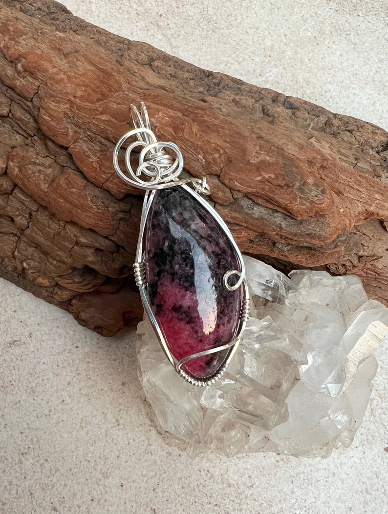 Rhodonite Wire Wrapped Pendant Sterling Silver, Reiki Charged, Healing Crystal Pendant, Rhodonite Pendant, Heart Healing, Love image 1