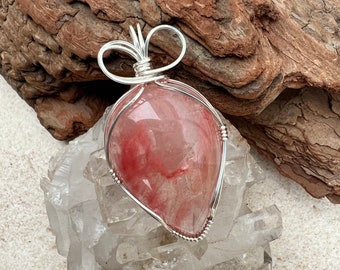 Strawberry Quartz Pendant, Wire Wrapped Sterling Silver, Gratitude, Peace, Love, Reiki Infused