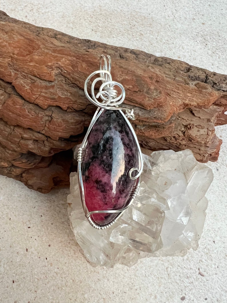 Rhodonite Wire Wrapped Pendant Sterling Silver, Reiki Charged, Healing Crystal Pendant, Rhodonite Pendant, Heart Healing, Love image 3