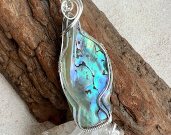 Abalone Wire Wrapped Pendant Sterling Silver, Reiki Infused Abalone Shell Necklace, Peacefulness, Love, Paua Shell Pendant