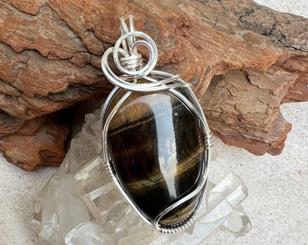 Tiger Eye Pendant Wire Wrapped, Protection Stone, Grounding Stone, Tiger Eye Wire Wrapped Necklace, Kundalini Energy, Reiki Infused