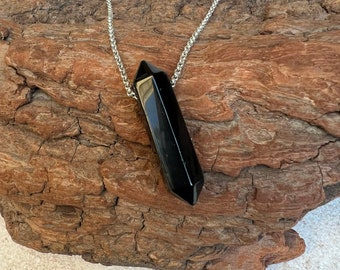 Black Obsidian Crystal Point Necklace Sterling Silver Chain, Reiki Infused, Grounding, Protection