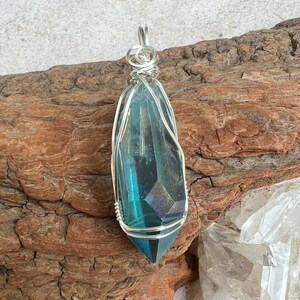 Aqua Aura Pendant, Reiki Infused Aqua Aura Necklace, Wire Wrapped Sterling Silver Aqua Aura Pendant image 4