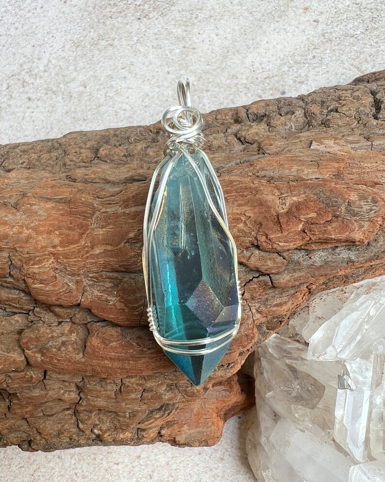 Aqua Aura Pendant, Reiki Infused Aqua Aura Necklace, Wire Wrapped Sterling Silver Aqua Aura Pendant image 4