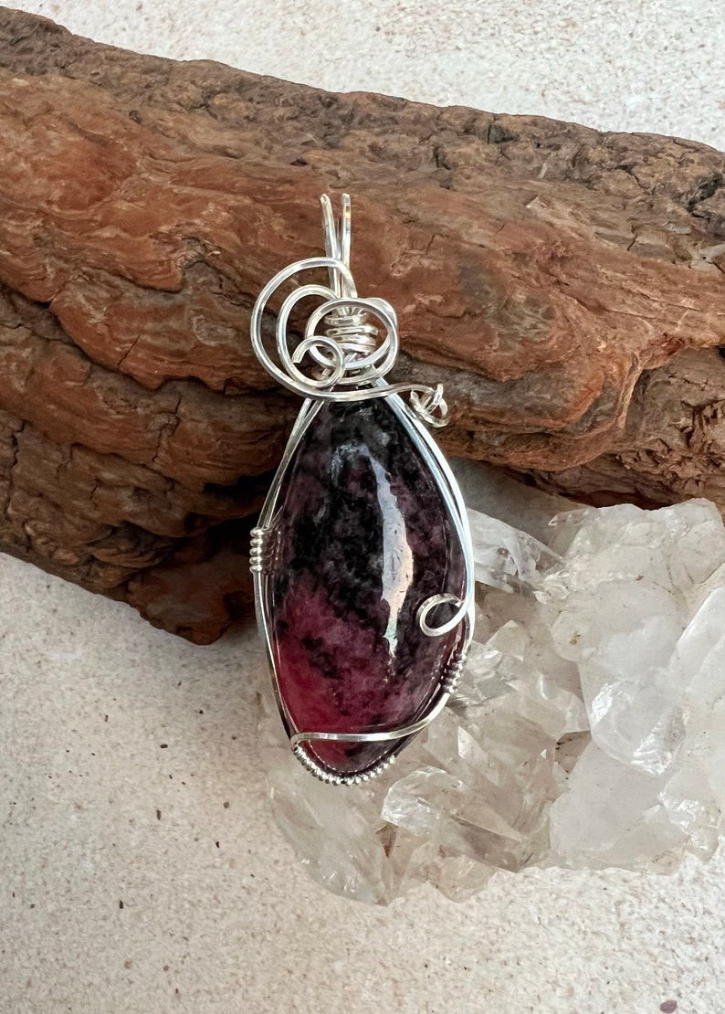 Rhodonite Wire Wrapped Pendant Sterling Silver, Reiki Charged, Healing Crystal Pendant, Rhodonite Pendant, Heart Healing, Love image 4