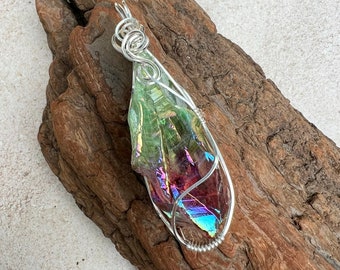 Flame Aura Quartz Pendant, Wire Wrapped in Sterling Silver, Reiki Infused Flame Aura Pendant, High Vibration Healing Crystal
