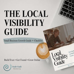 Puede incluir: Imagen promocional de "La Guía de Visibilidad Local" para pequeñas empresas. El texto "Generar confianza • Ser encontrado • Crecer en línea" también está presente. También se ve una taza de café con arte latte y un ordenador portátil.