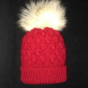 Peut inclure: Chapeau en tricot rouge avec un pompon en fourrure blanche.