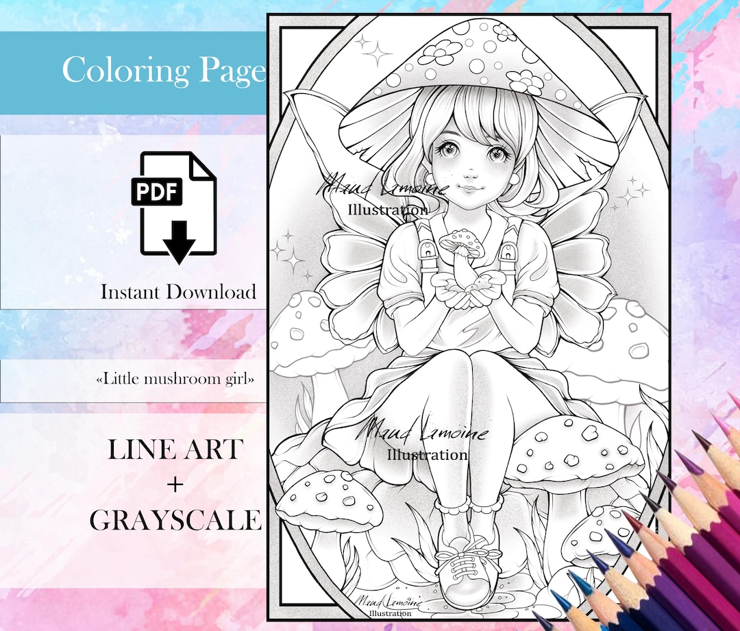 Little Mushroom Girl - Coloring Page - Coloring Page - Instant Download ...
