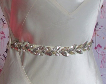Gold and silver beaded wedding belt, made from a vintage trim with a ribbon back and two buttons and loops at the back measures 28ins