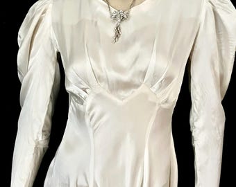 Gorgeous 1930s or early 40s ivory satin lightweight bias cut vintage wedding dress, long puff sleeves, button back high neckline & train UK8