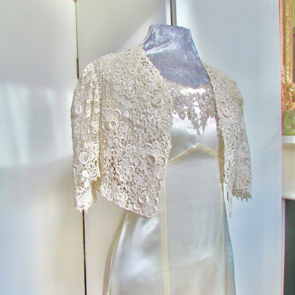 Antique cotton lace bridal cape, beautiful floral raised design, bridal cover up, bolero,  Shiffli lace 1900s Edwardian Victorian lace cape.