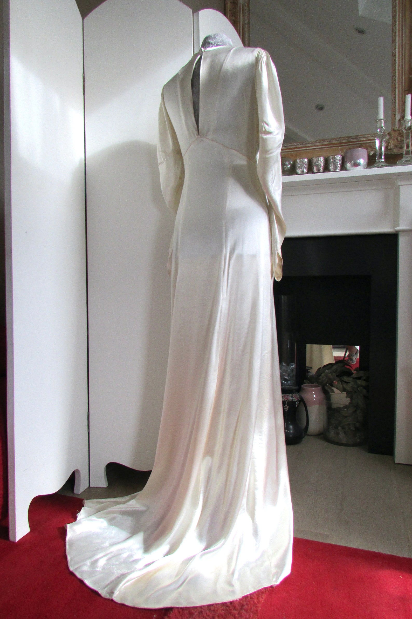 Gorgeous 1930s Satin Wedding Dress With Silver Beading on Neckline and Gorgeous 1930s Satin Wedding Dress With Silver Beading on Neckline and
