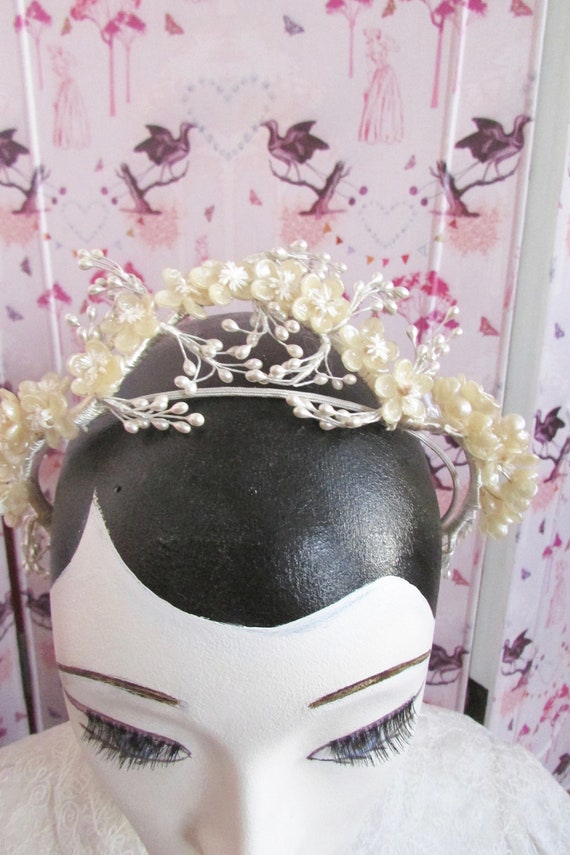 Pearl and wax flower beaded bridal crown or headd… - image 3
