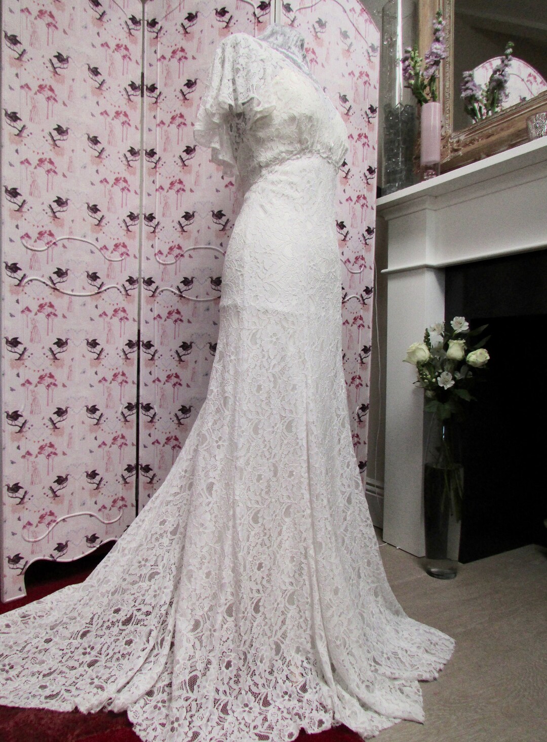 Lace 30s Inspired Vintage Wedding Dress Sample Perfect Sample With Low Back  and Flutter Sleeve Plus Beautiful Pale Gold Satin Slip Dress 8UK - Etsy