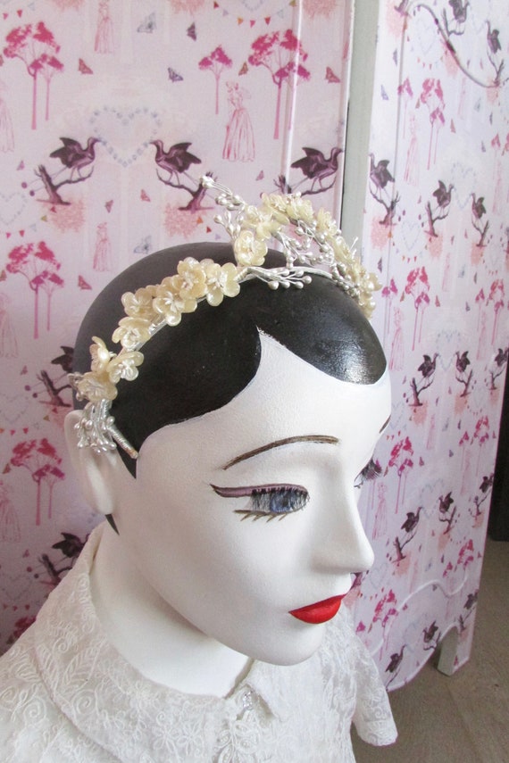 Pearl and wax flower beaded bridal crown or headd… - image 2