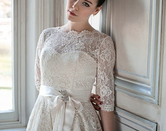 Creamy Ivory Lace Tea Length Wedding Dress, 50s Vintage Style, UK 10
