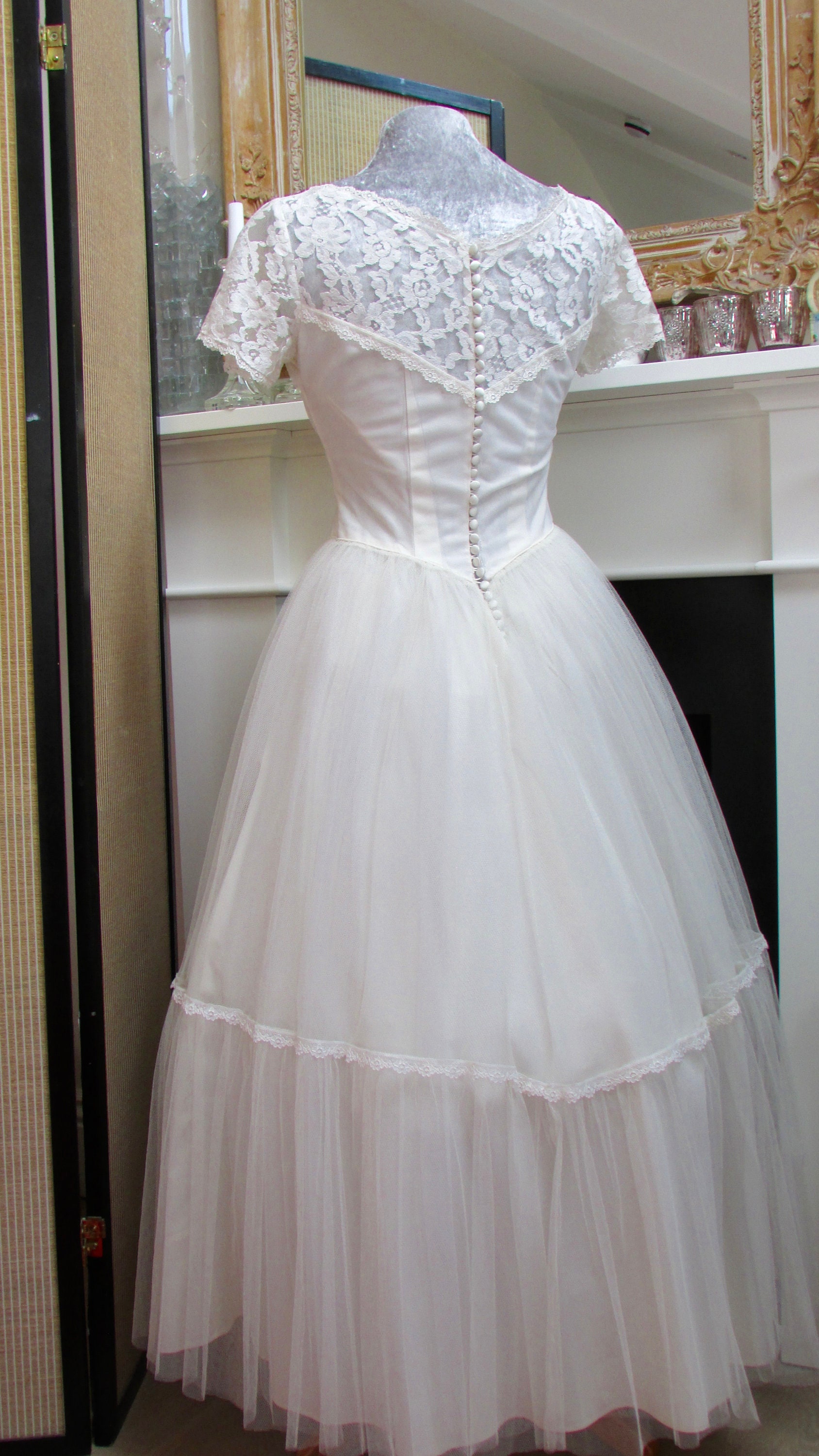 50s Tea Length or Ballerina Length Lace Dress With Tulle Skirt 50s ...