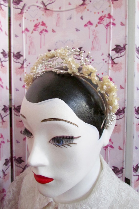 Pearl and wax flower beaded bridal crown or headd… - image 1