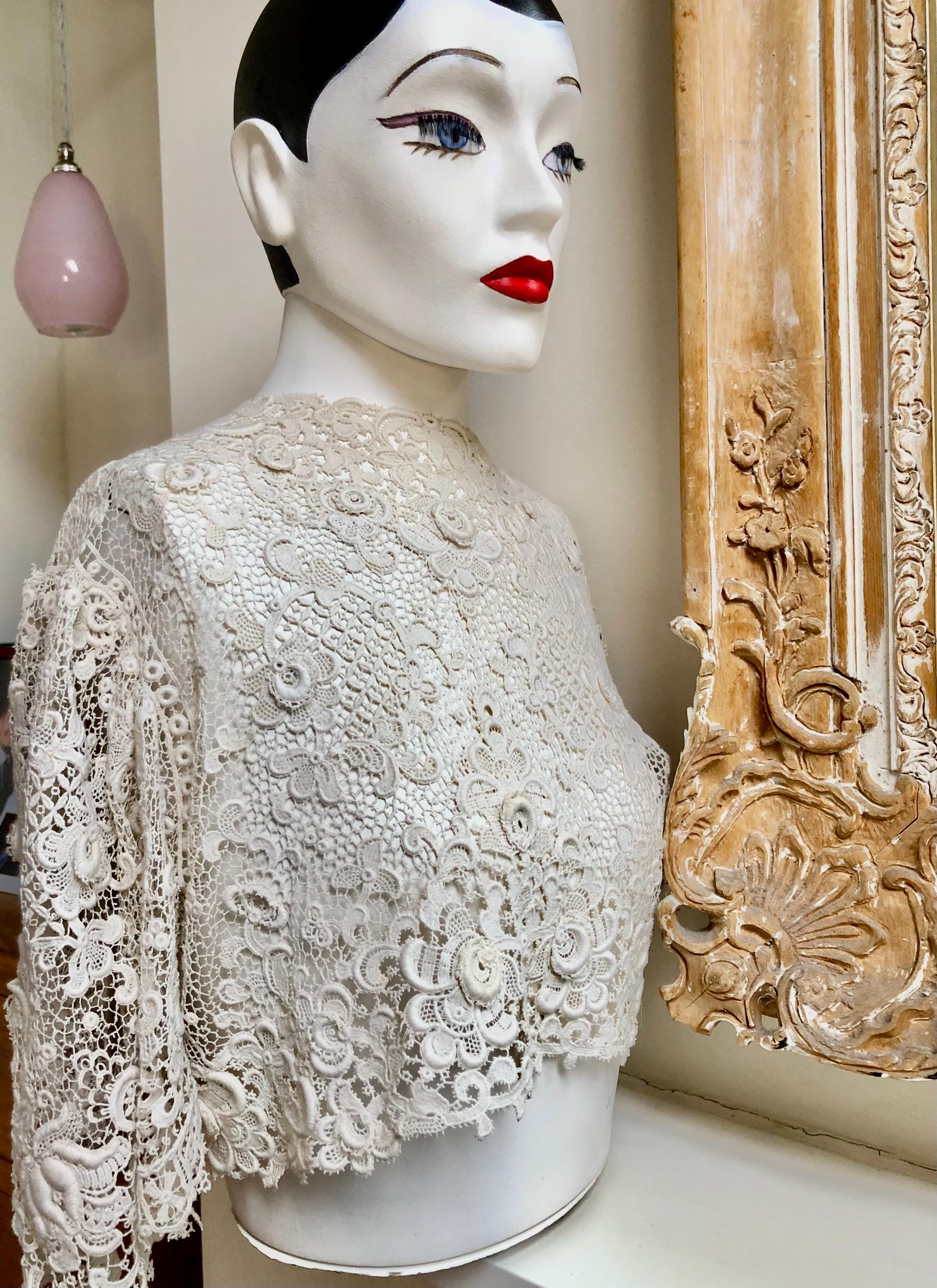 その他 Handmade Antique Lace Capelet Antique Cotton Lace Bridal Cape, Beautiful Floral Raised Design