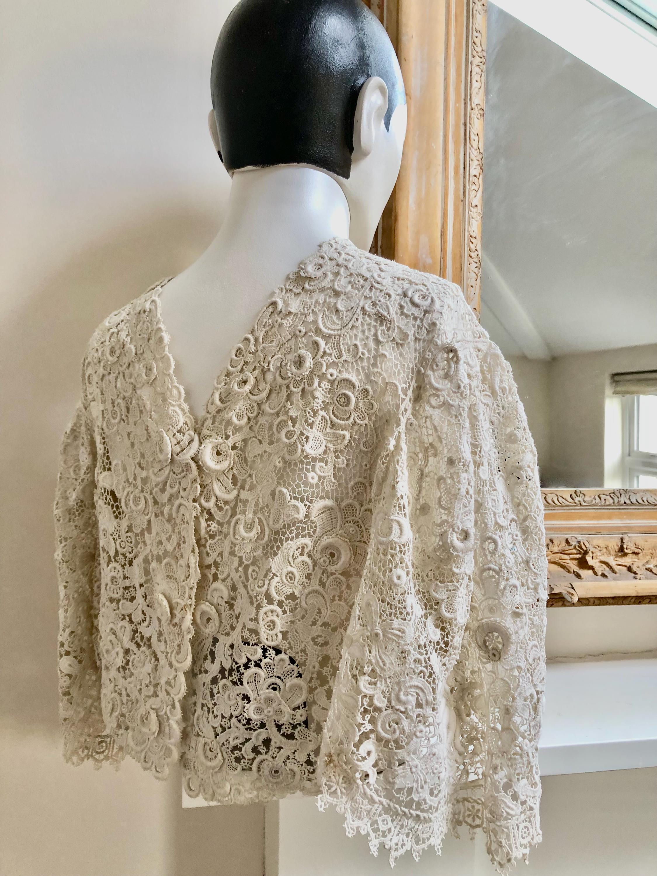 その他 Handmade Antique Lace Capelet Antique Cotton Lace Bridal Cape, Beautiful Floral Raised Design