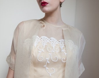 Vintage 60s Creamy Ivory Organza Wedding Dress with Coat, UK 10 Floral Lace Bodice