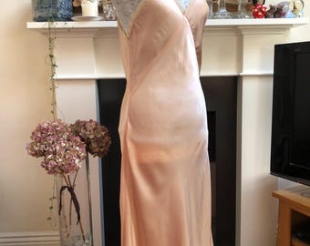 Beautiful 1930s silk satin slip, pale blush pink. Bias cut bridal slip, really gorgeous undergarment or slip dress.  UK 12 - 14
