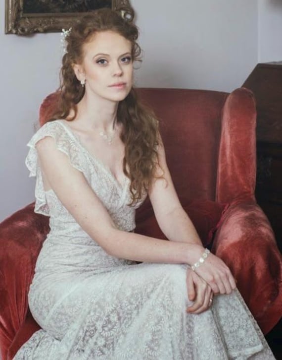 1930s Style Nottingham Lace Wedding Gown Sample – Vintage Cotton Lace Bridal Dress & satin slip
