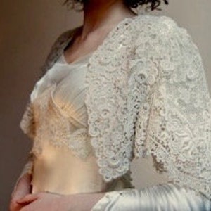 Antique cotton lace bridal cape, beautiful floral raised design, bridal cover up, bolero,  Shiffli lace 1900s Edwardian Victorian lace cape.