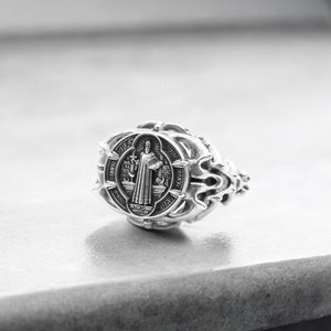 925 Sterling Silver Saint Benedict Ring for Women Christian Catholic Cross Jewelry