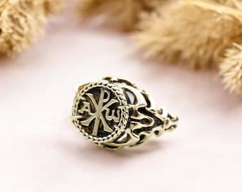 Alpha and Omega Chi Rho Ring for Women Christian Protection Jewelry