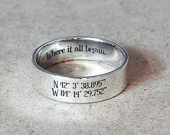 6 mm Sterling Silver Coordinates Ring - Custom Latitude Longitude Ring - Wedding Ring, Love Ring,  Custom Coordinate Jewelry, Stamped Ring