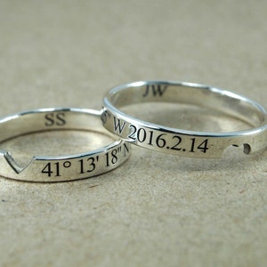 Couple Rings, Couple Ring Set, Promise Rings For Couples, His and Hers, Promise Ring, Custom Coordinates Ring, Location Ring, Heart Ring image 3