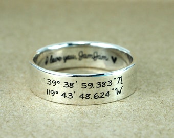 Latitude Longitude Ring, Sterling silver latitude longitude, Personalized coordinates and custom engraving, Coordinate Ring,  Engraved Ring