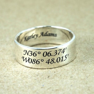 Custom coordinates ring, Custom GPS Coordinates, Mens and Womens Sterling Silver 6 mm., Coordinates Ring, Longitude Latitude Ring