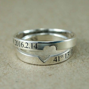 Couple Rings, Couple Ring Set, Promise Rings For Couples, His and Hers, Promise Ring, Custom Coordinates Ring, Location Ring, Heart Ring image 1