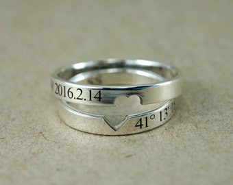 Couple Rings, Couple Ring Set, Promise Rings For Couples, His and Hers, Promise Ring, Custom Coordinates Ring, Location Ring, Heart Ring